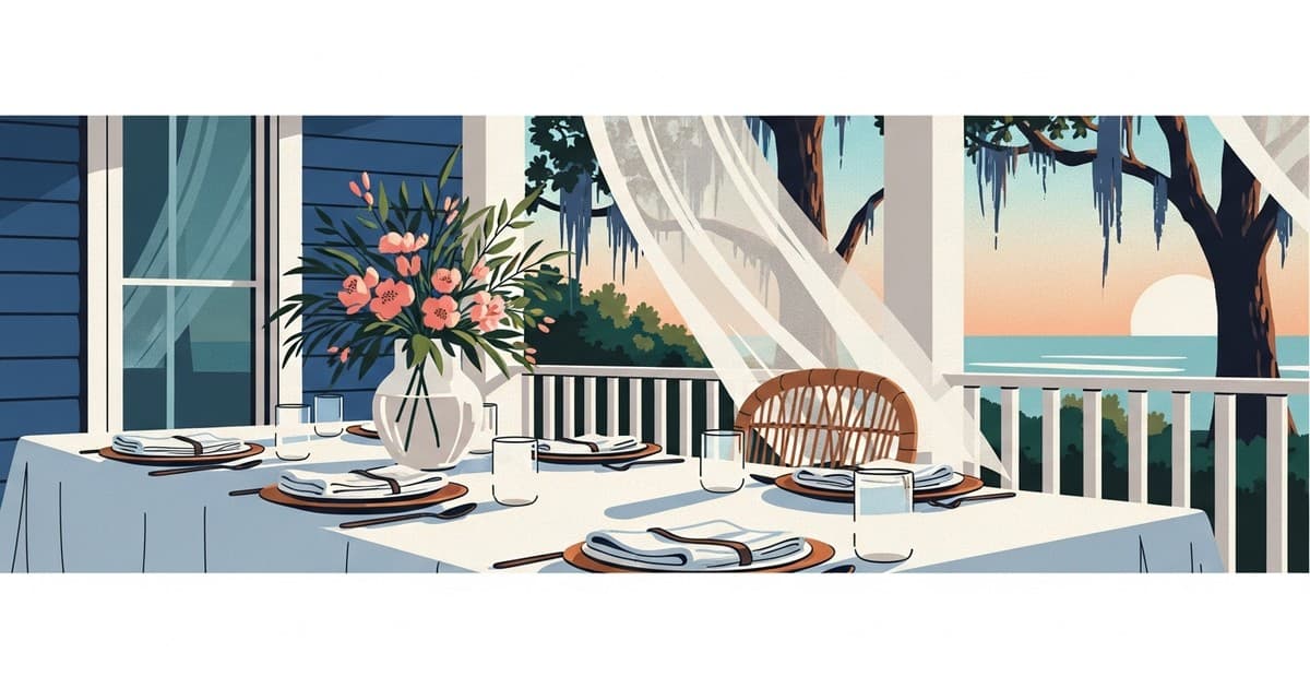 Illustration of a sunlit Savannah porch set for summer entertaining with crisp white table linens, soft drapes, and coastal flowers