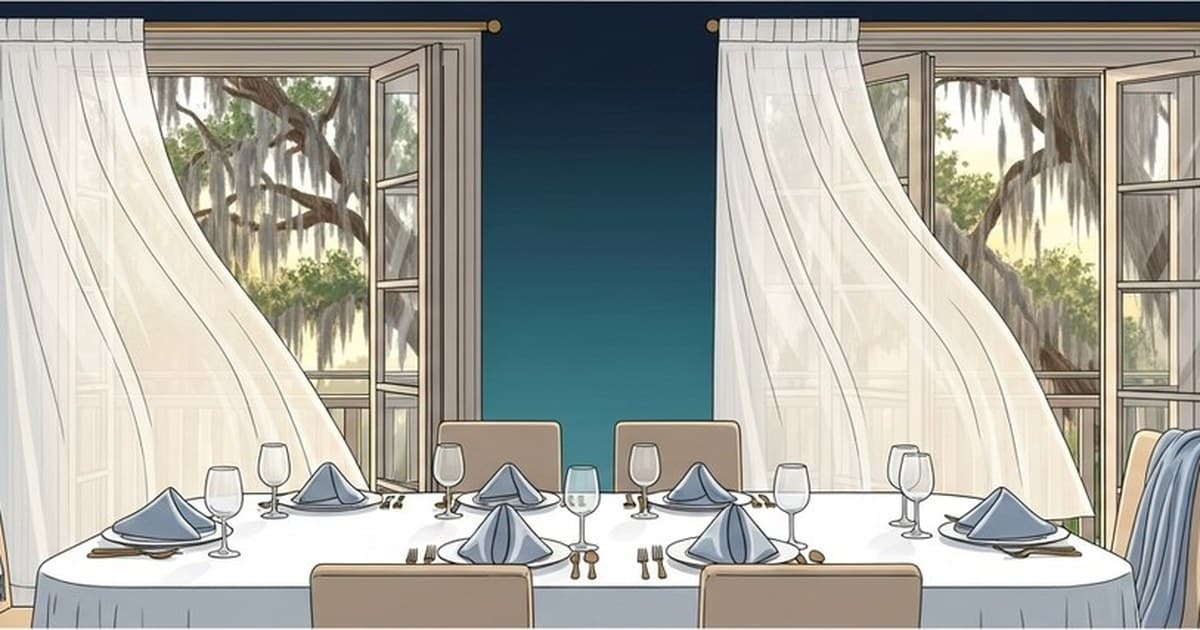 Flat vector illustration of a Savannah dining room set for summer entertaining with crisp table linens, flowing curtains, and a folded throw in coastal blues