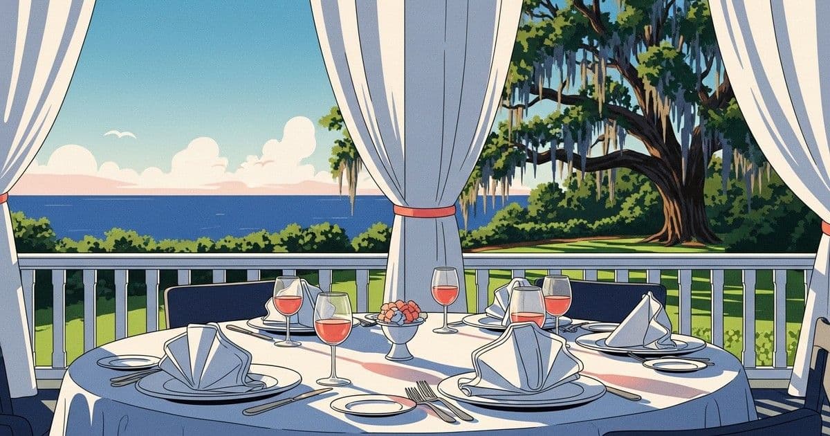 Illustration of an elegant Savannah dinner table with a crisp white heirloom tablecloth, wine glasses, and summer garden light through soft drapes