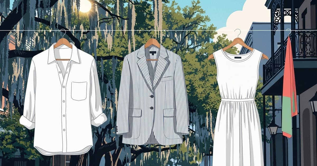 Illustrated blog cover showing summer linen and seersucker garments in a bright coastal Savannah setting