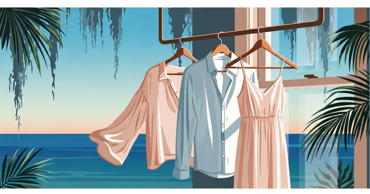 Flat vector illustration of silk, linen, and cotton summer garments on hangers in soft coastal Savannah light, Best Cleaners & Laundry