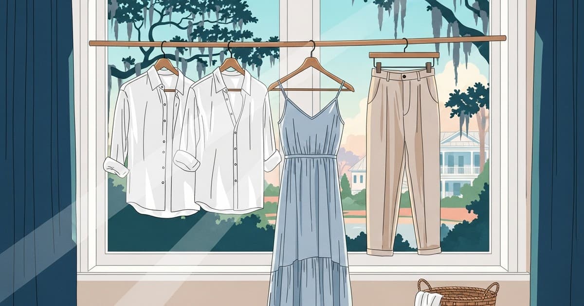 Modern coastal illustration of fresh summer linen garments hanging in a sunlit Savannah home for Best Cleaners Savannah