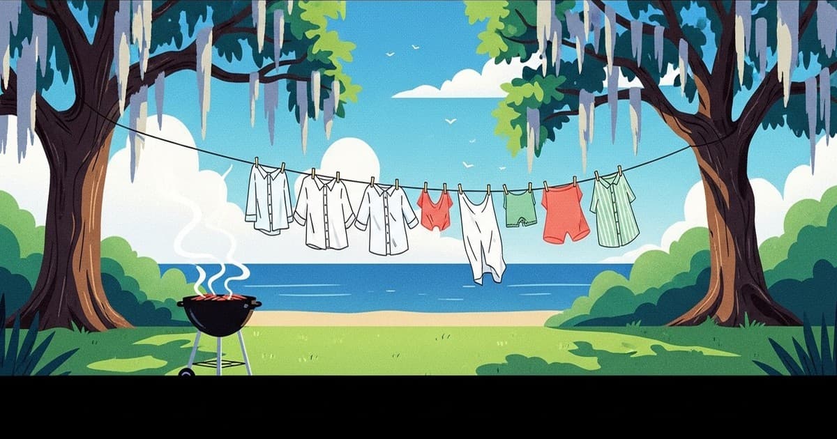 Illustrated summer scene with outdoor cookout and fresh laundry in Savannah, Georgia