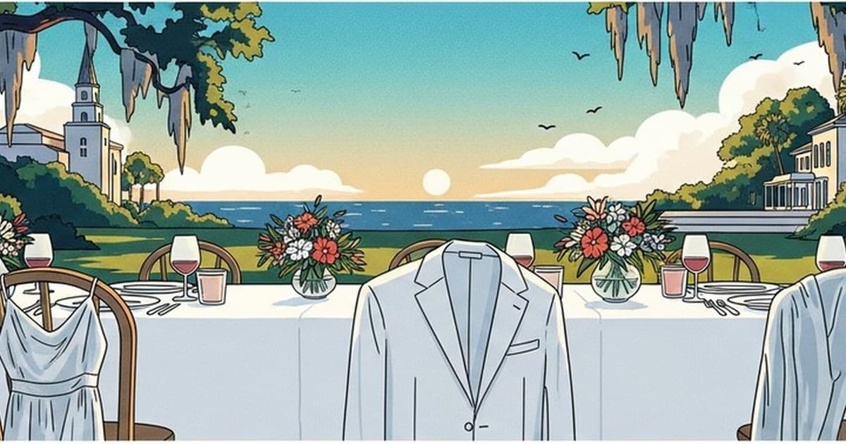 Illustration of an elegant Savannah garden party with a linen-draped table, summer dresses and a light suit, live oaks and coastal light in the background