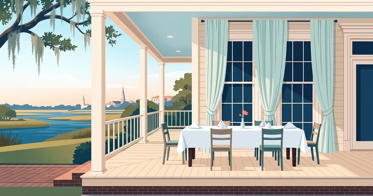 Flat vector illustration of a Savannah porch dining table dressed with crisp linens and framed by long drapes, with live oaks and marsh light beyond, representing table linens and household items dry cleaning in Savannah by Best Cleaners