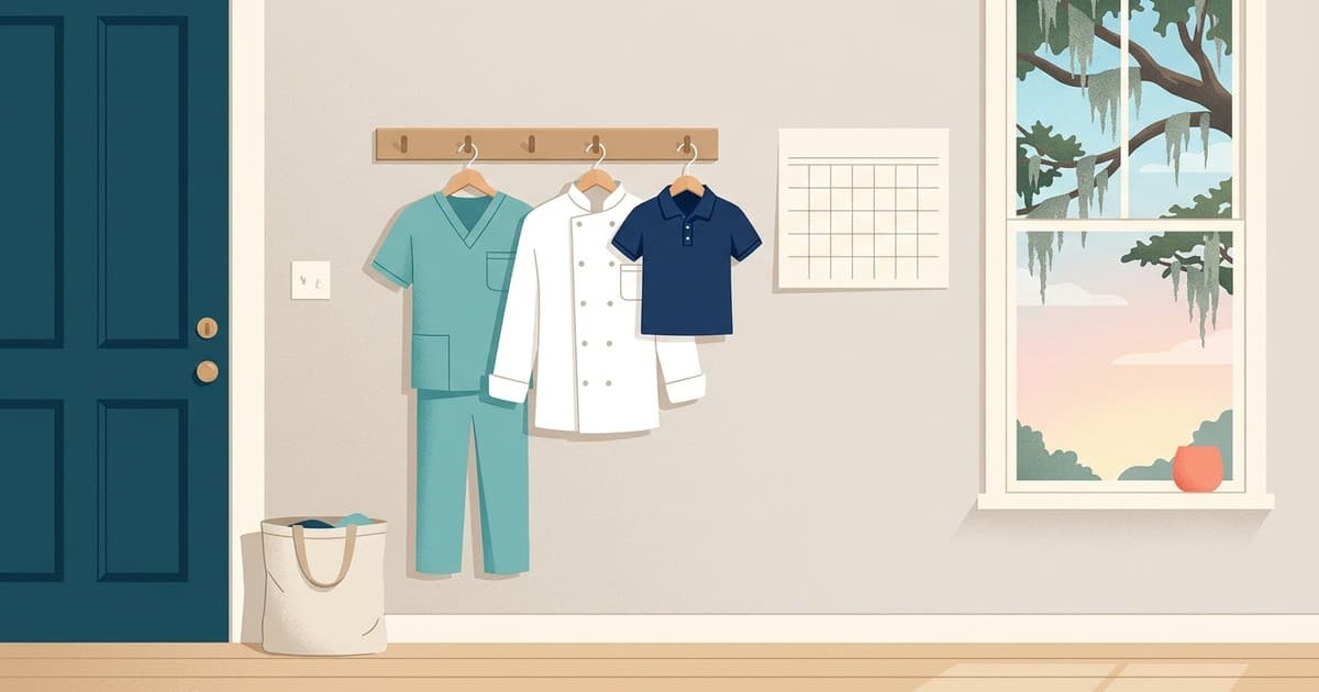 Flat vector illustration of a Savannah household entryway at dawn with medical scrubs, a chef coat, and a pressed school shirt hanging on hooks beside a wall calendar, live oaks and Spanish moss visible through the window, uniform cleaning in Savannah