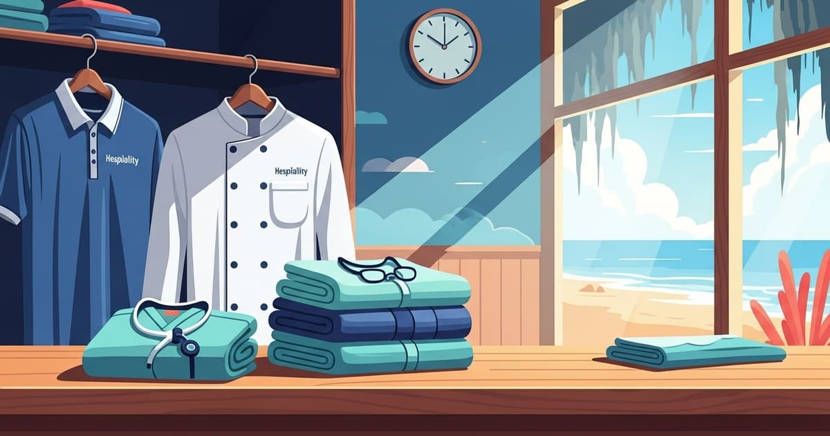 Illustration of folded medical scrubs and crisp hospitality uniforms in soft coastal Savannah light — Best Cleaners & Laundry
