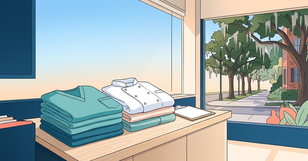 Flat vector illustration of neatly folded teal medical scrubs and a white chef coat on a counter with a clipboard, warm October sunlight and Savannah live oaks with Spanish moss through the window, Best Cleaners Savannah uniform cleaning