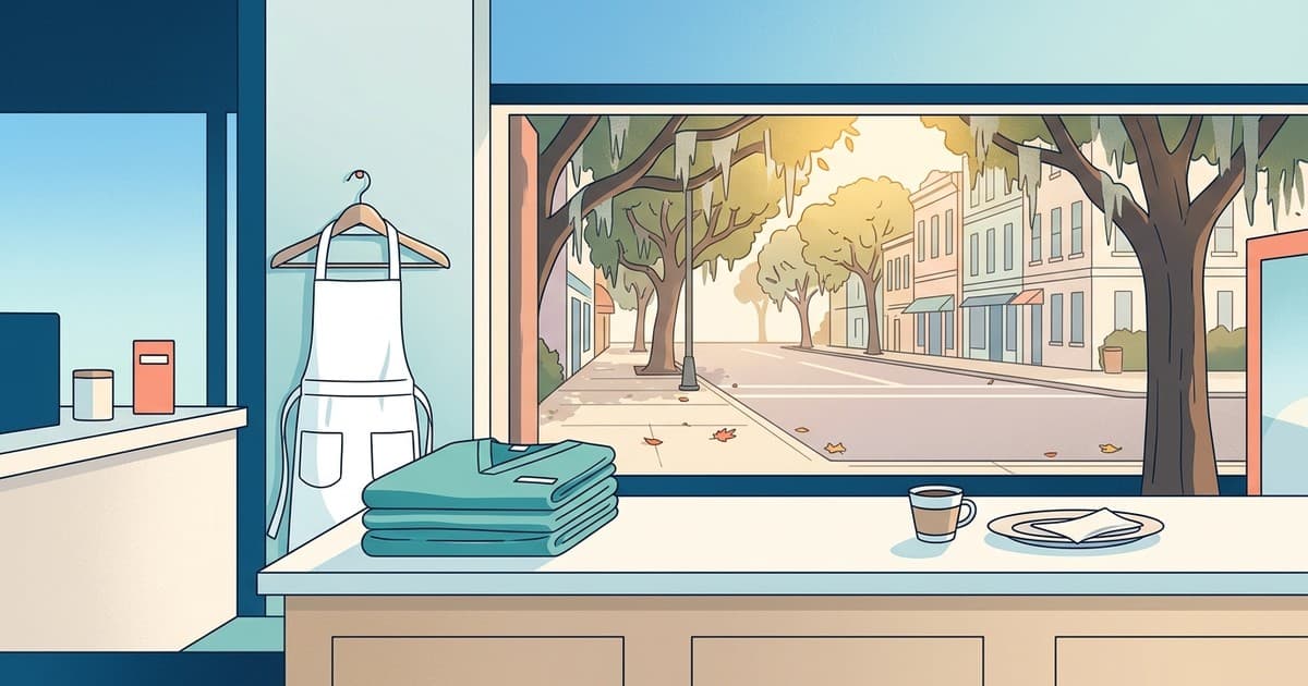 Flat vector illustration of folded teal medical scrubs and a white server apron on a counter beside a coffee cup and a plate, with a sunlit Savannah street of live oaks and warm October light through the window