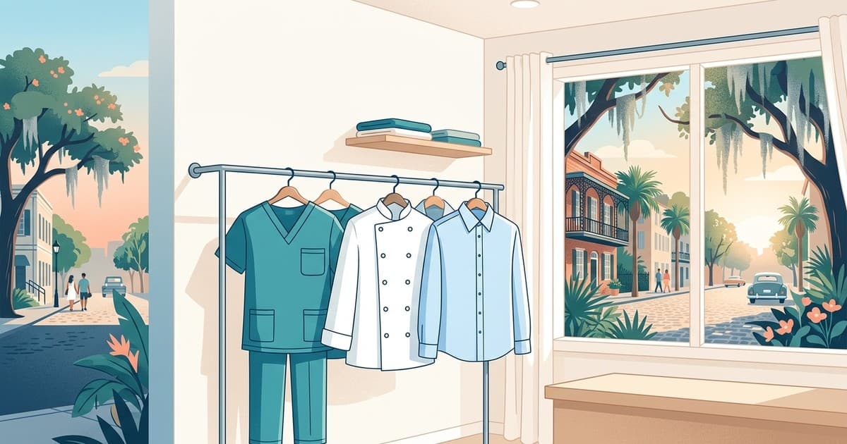 Flat vector illustration of medical scrubs, a chef coat, and a pressed dress shirt hanging on a rail inside a bright Savannah dry cleaning shop, with a sunlit street, live oaks, and Spanish moss visible through the window, uniform cleaning in Savannah
