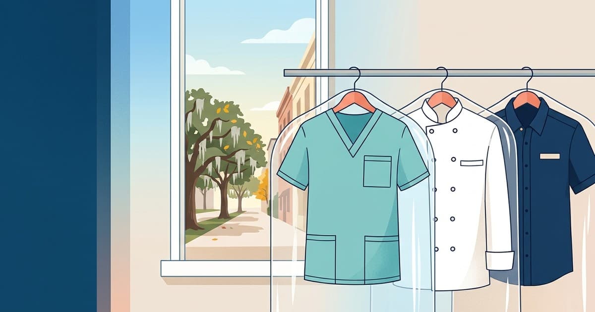 Flat vector illustration of pressed teal medical scrubs and a white hospitality uniform shirt hanging on a rail beside a sunlit window showing Savannah live oaks turning early fall colors, Best Cleaners Savannah uniform cleaning