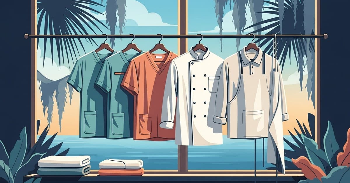 Flat illustration of freshly cleaned medical scrubs, a chef coat, and work shirts hanging in coastal light, uniform cleaning at Best Cleaners Savannah
