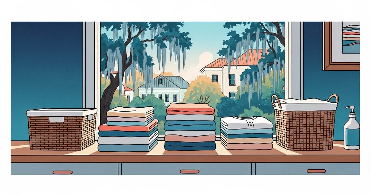 Illustration of neatly folded laundry baskets representing wash and fold savannah service at Best Cleaners