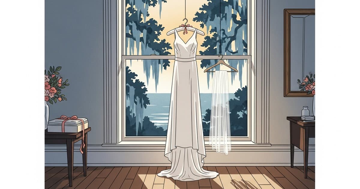 Illustrated wedding gown hanging near a sunlit Savannah window with Spanish moss and soft coastal light — professional wedding dress cleaning guide