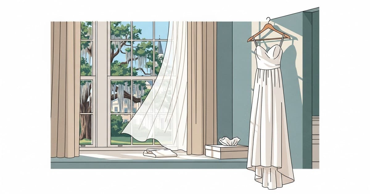 Coastal illustration of an ivory wedding gown on a hanger near a sunlit Savannah window with Spanish moss outside