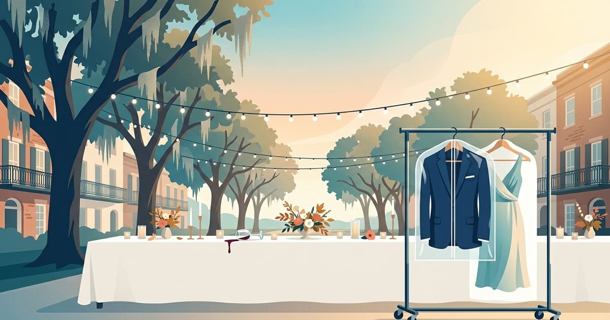 Flat vector illustration of an outdoor autumn wedding reception table in a Savannah square with a tipped wine glass, candles, string lights, and live oaks, beside a garment rack holding a freshly pressed navy suit and silk dress