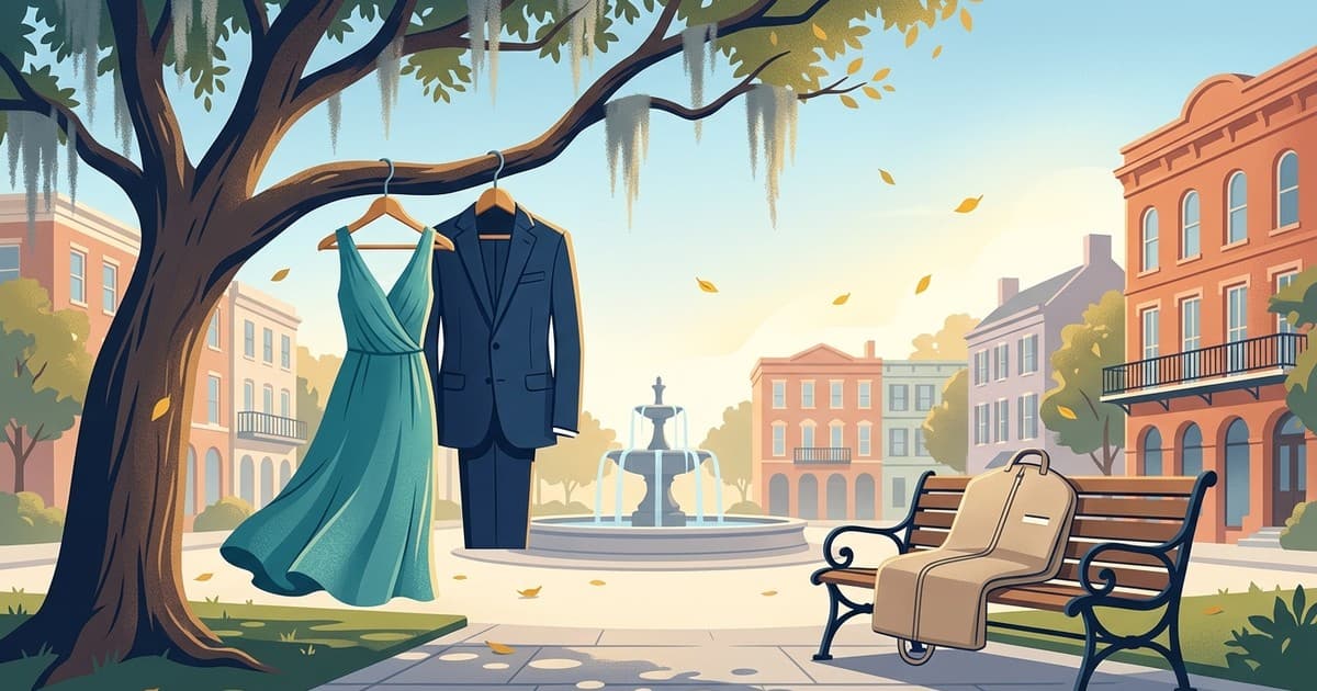 Flat vector illustration of a silk cocktail dress and a wool suit hanging beside a sunlit Savannah square with live oaks and Spanish moss, a garment bag ready for a wedding weekend