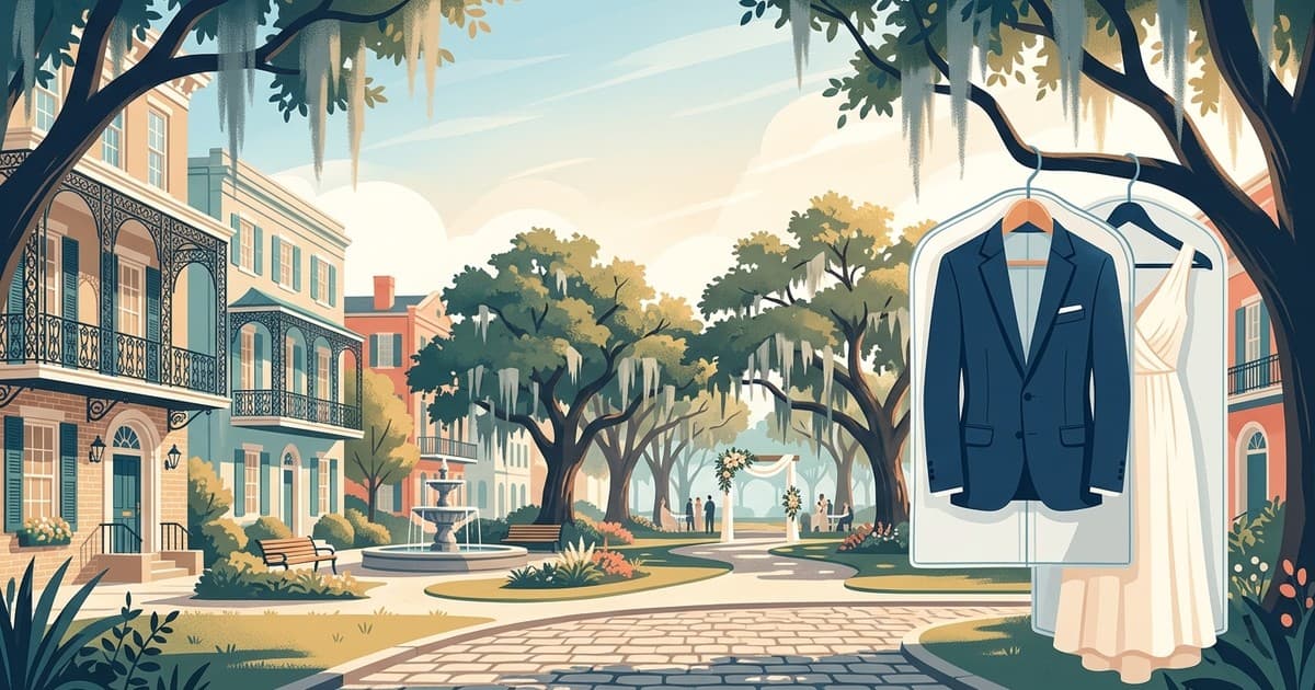 Flat vector illustration of a garment bag with a wool suit and a silk dress carried past a sunlit Savannah square with live oaks, Spanish moss, and a wedding arch in the distance
