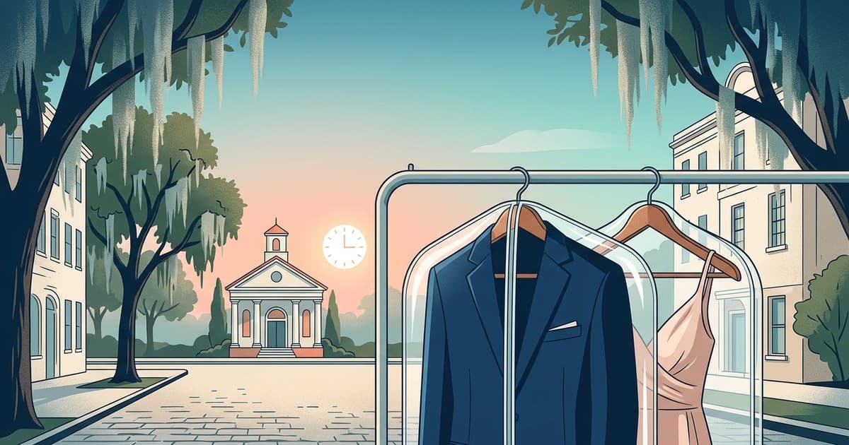Flat vector illustration of a morning drop-off at a Savannah dry cleaner, with a navy suit and blush dress on hangers beneath Spanish moss and live oaks, soft sunrise sky and a wedding chapel in the distance