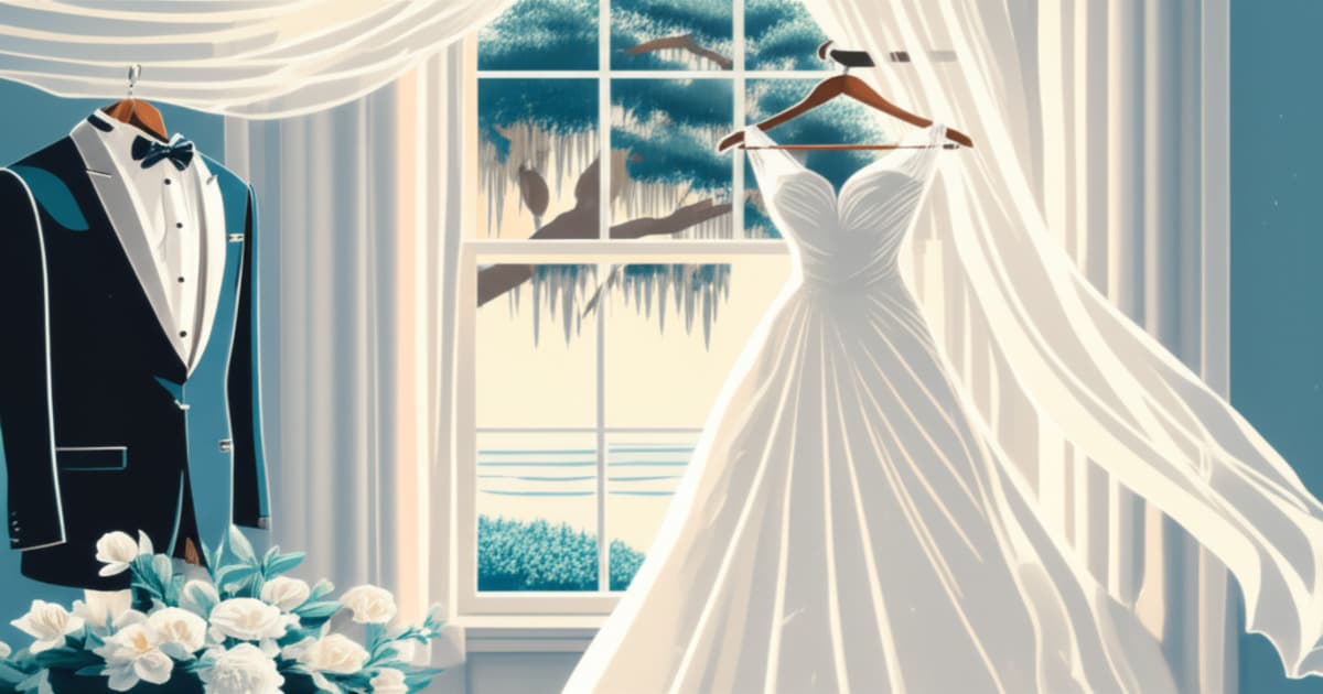 Elegant wedding dress and formal wear hanging in a sunlit Savannah room with Spanish moss visible through the window