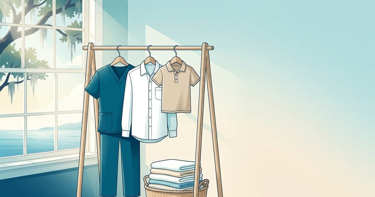 Flat illustration of medical scrubs, a hospitality work shirt, and school uniforms hanging together in a sunlit coastal Savannah laundry scene, uniform cleaning in Savannah