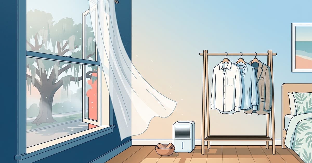 Flat vector illustration of a sunlit Savannah bedroom with a sheer curtain in humid air, freshly pressed linen, silk, and wool garments on a wooden rack, and a live oak with Spanish moss outside the window, in coastal blues, teals, and sandy neutrals