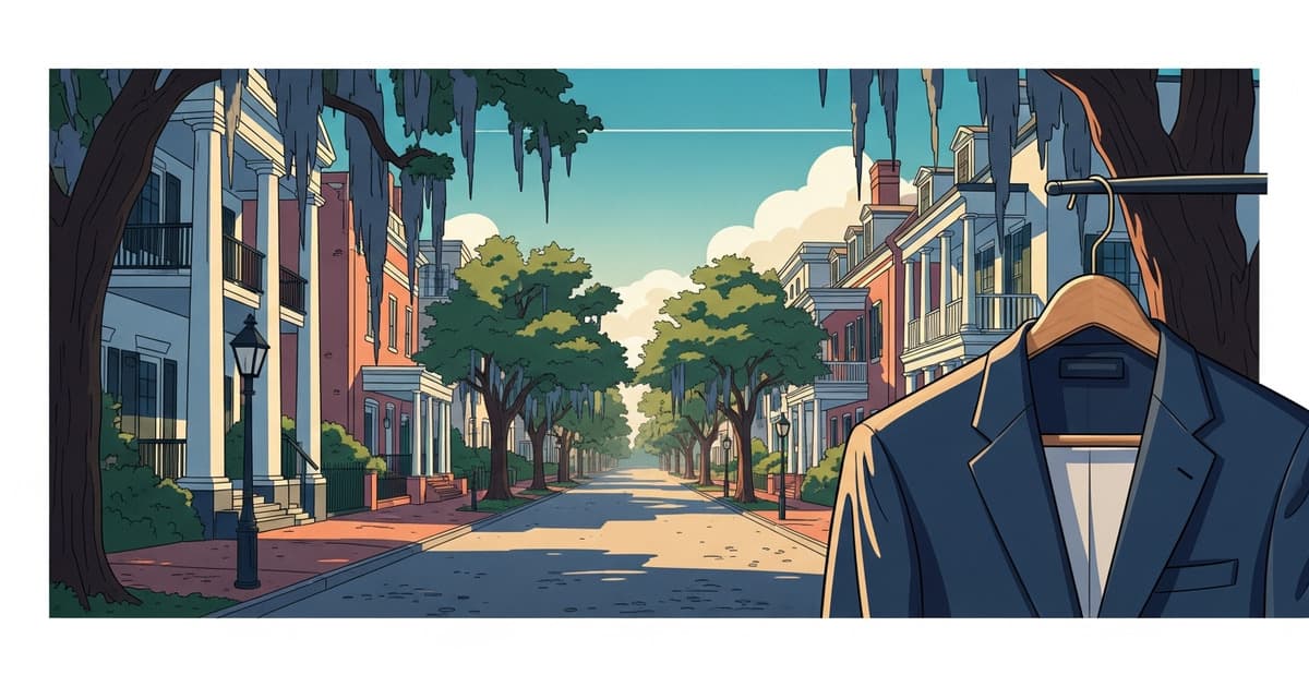 Illustrated Savannah Historic District streetscape with Spanish moss and a pressed suit jacket on a hanger — timeless quality garment care