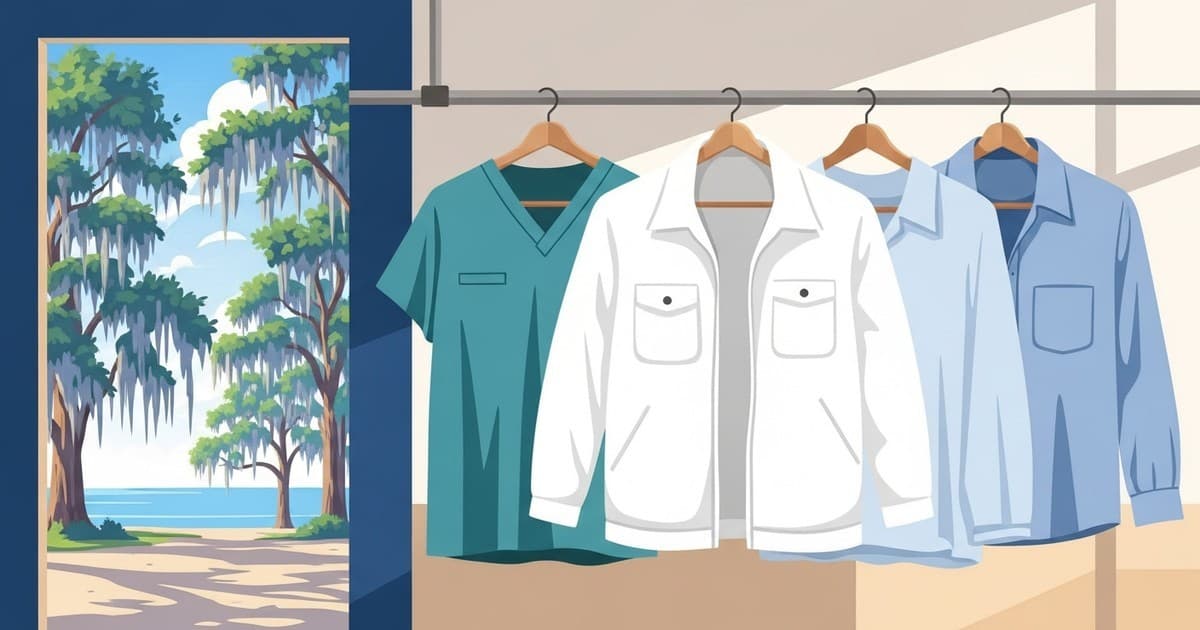 Flat vector illustration of fresh medical scrubs and hospitality uniforms hanging in coastal Savannah summer light, representing work uniform cleaning in Savannah, Georgia