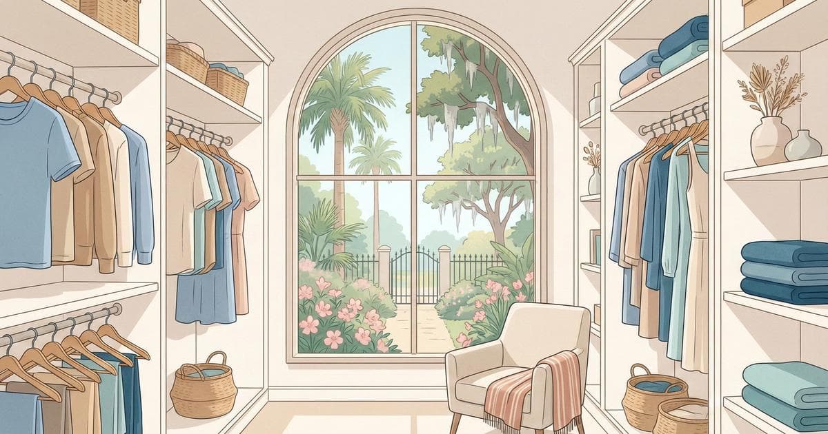 Organized closet with freshly dry cleaned suits, dresses, and coats